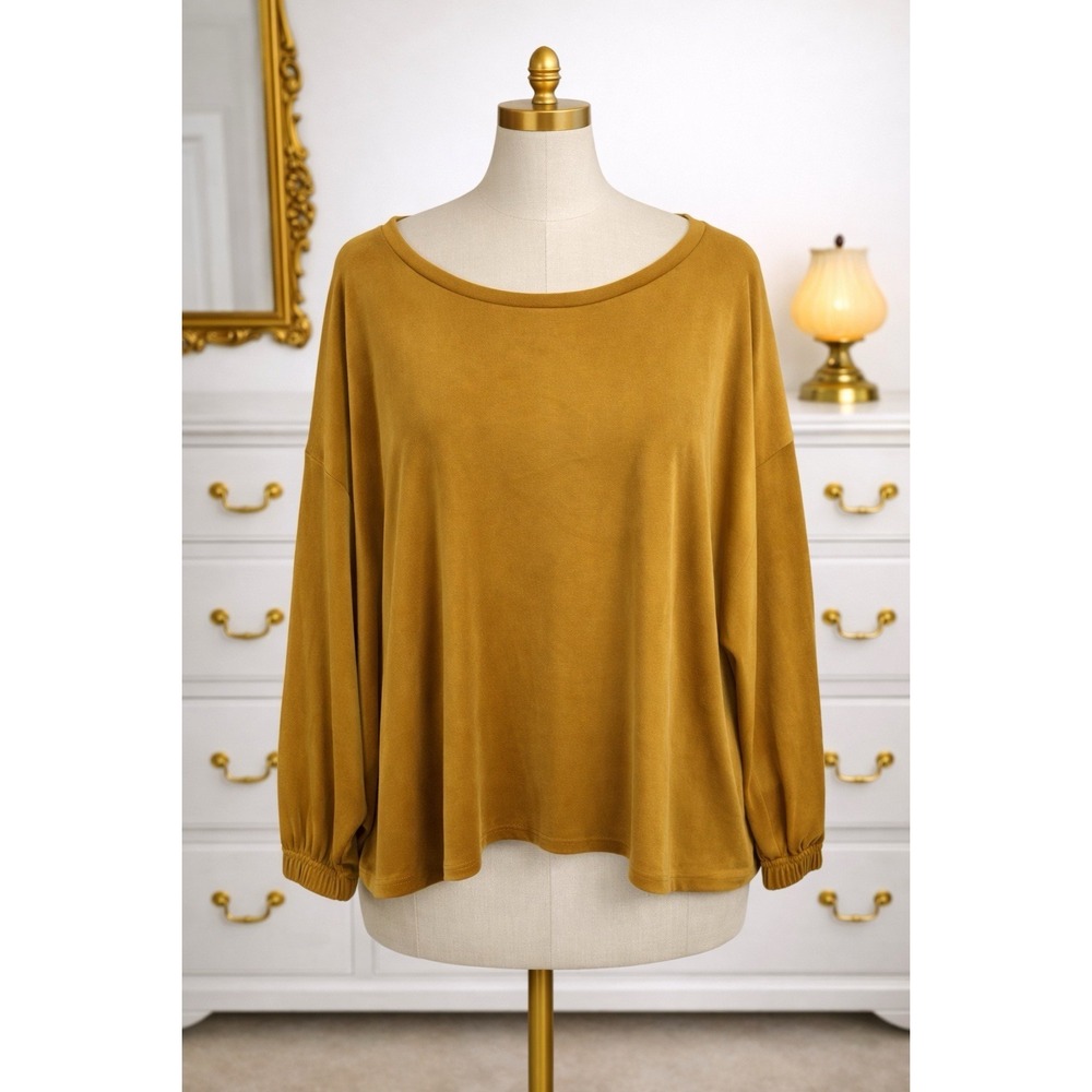 Old Navy Plush Velour Top Pullover Mustard Yellow Gold Size 4X Elastic Cuffs‎